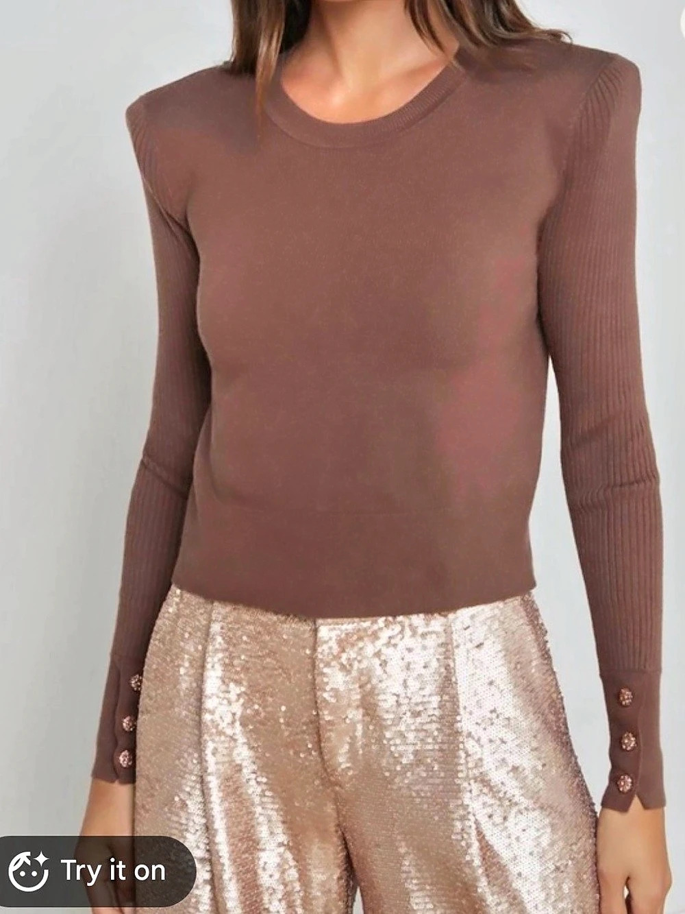 NWT L'AGENCE Knit Long Sleeve Top in Brown with Gold Buttons Size Small